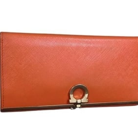 Salvatore Ferragamo Gancini 22 C225 Orange Leather Women's Bifold Long Wallet