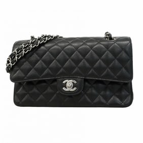 Chanel Matelasse Shoulder Bag with Double Flap and Chain, Caviar Skin, Black, Women's