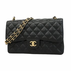 Chanel Shoulder Bag, Deka Matelasse, Double Flap, Chain, Caviar Skin, Black, Women's