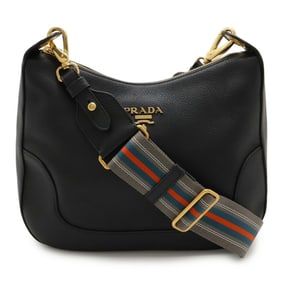 PRADA Vitello Dino Shoulder Bag, Striped Leather, Nero, Black, 1BC052