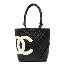 CHANEL Cambon Line Matelasse Coco Mark Handbag Tote Bag Black White Lambskin Women's