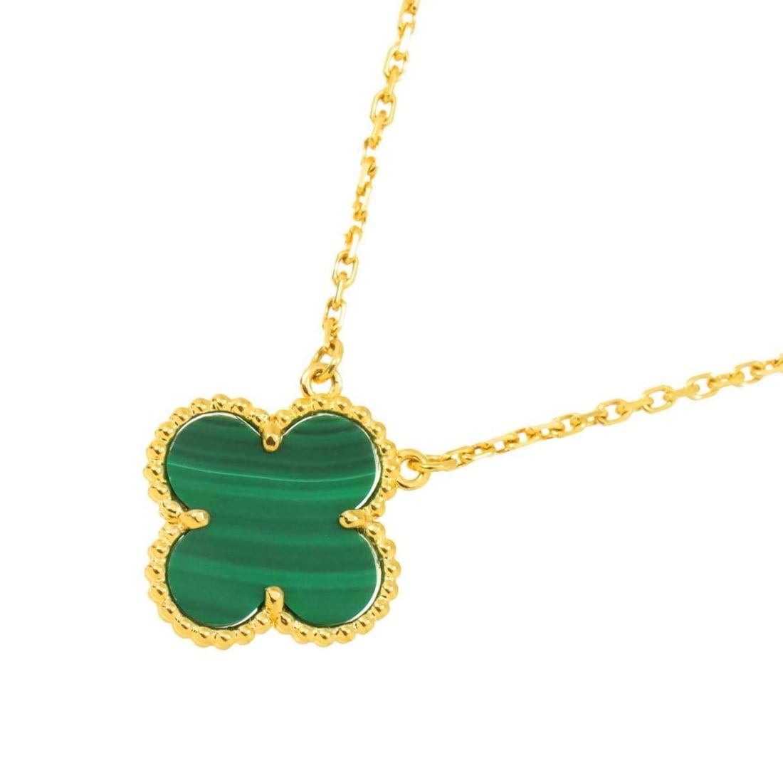 Van Cleef & Arpels Alhambra Malachite Necklace, 42cm, 18K Yellow Gold 750: --- Catalog ---Category: SizePendant Size: 14.8mm x 14.8mm / 0.58'' x 0.58''Neck Circumference: 42 cm / 16.53''Category: DesignGender: WomenMaterial: Yellow gold (18K)Necklace Type: NecklaceCategory:
