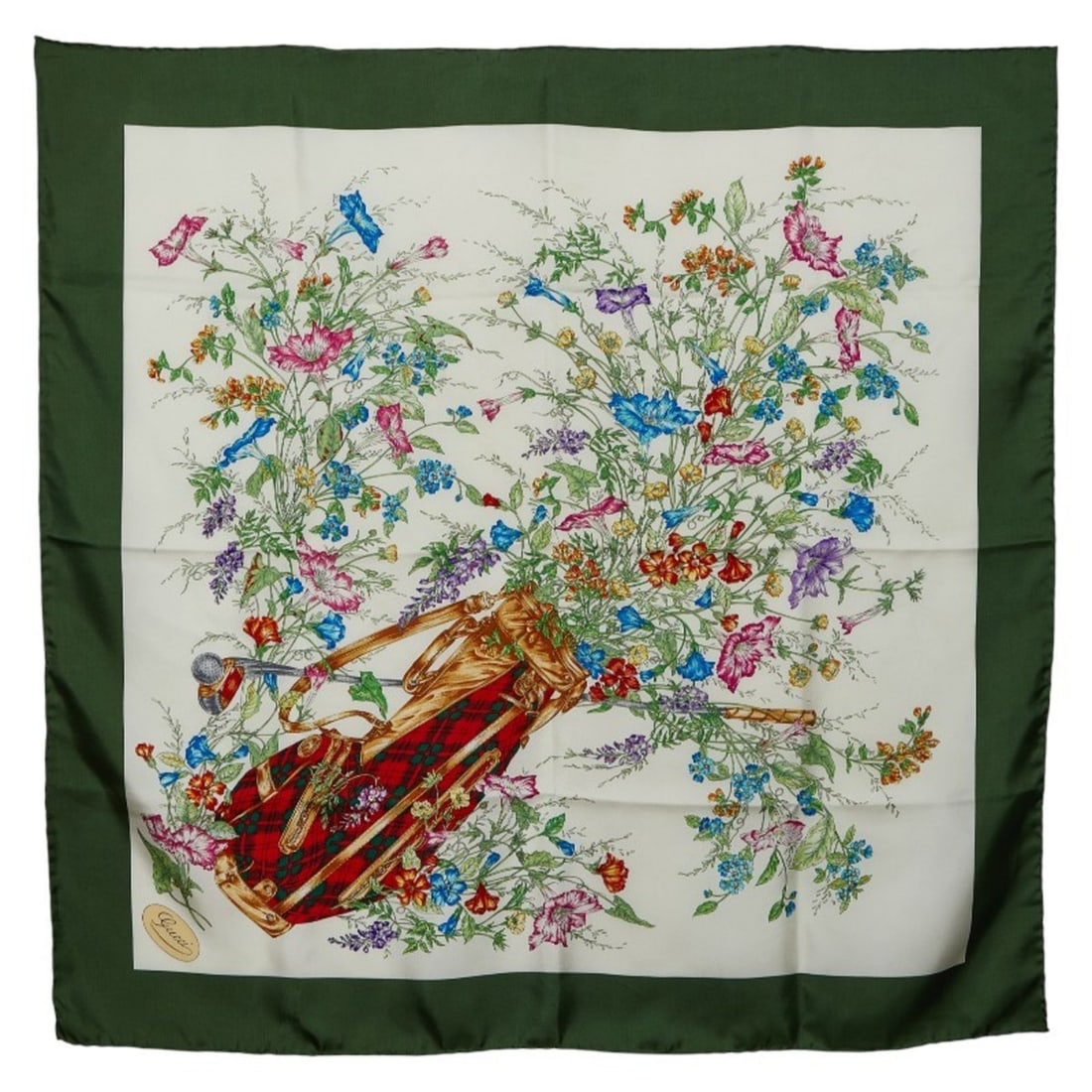 Gucci floral print scarf/muffler in green and multicolored silk for women.: --- Catalog ---Category: SizeSize (LxW): 86cm x 85cm / 33.85'' x 33.46''Category: DesignType: ScarfColor: Green, Multi-colorGender: WomenMaterial: Silk Category: GeneralBrand: Gucci--- Item List ---Se