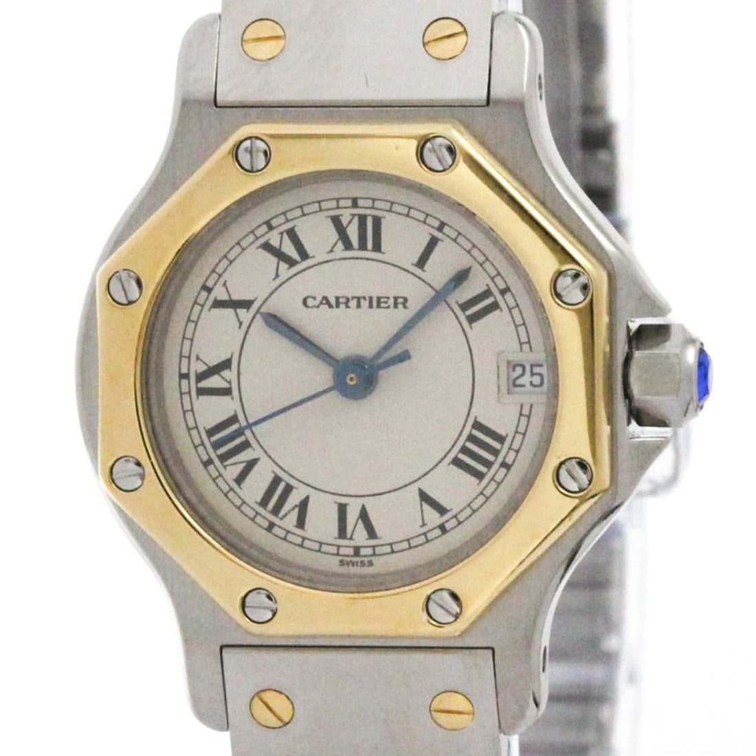 CARTIER Santos Octagon 18K Gold Steel Quartz Ladies Watch 187903 Polished: --- Catalog ---Category: SizeCase Diameter: 24mm / 0.94''Category: DesignType: WristwatchStyle: Dress/FormalGender: WomenColor (Dial): SilverMaterial (Band): Stainless steel, Yellow gold (18K)Material