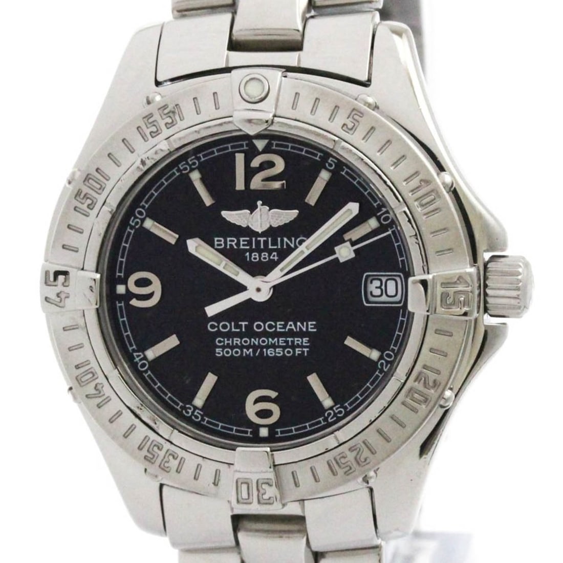 BREITLING Colt Oceane Steel Quartz Ladies Watch A77350 Polished: --- Catalog ---Category: SizeCase Diameter: 33mm / 1.3''Category: DesignType: WristwatchStyle: SportGender: WomenColor (Dial): BlackMaterial (Band): Stainless steelMaterial (Case): Stainless steelCate