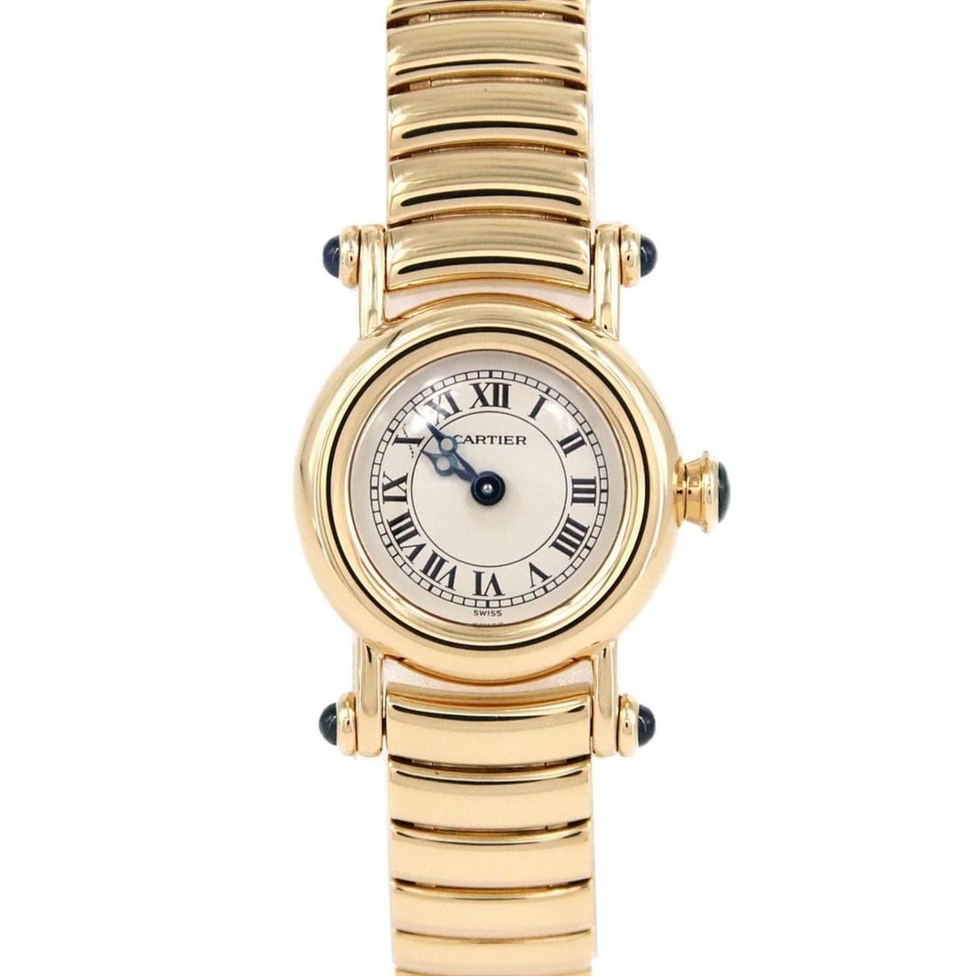 Cartier Mini Diabolo YG W1511556 Quartz Watch: --- Catalog ---Category: SizeWrist Size: 16cm / 6.29''Case Diameter: 21mm / 0.83''Category: DesignType: WristwatchGender: WomenColor (Dial): SilverMaterial (Band): Yellow goldMaterial (Case): Yellow g