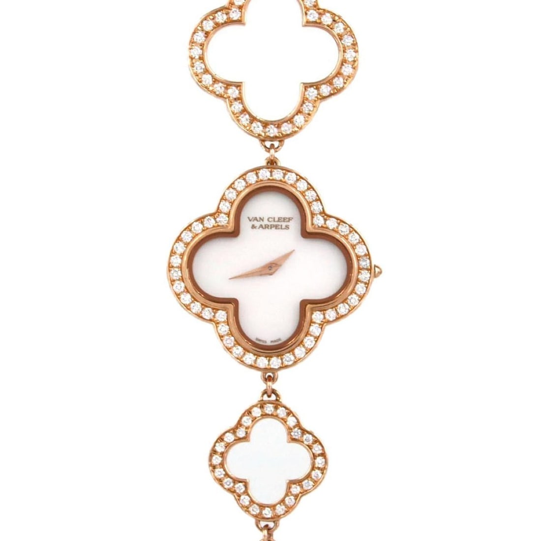 Van Cleef & Arpels Alhambra PG D Bracelet 2365149 VCARN5KC00 PG/RG Quartz Watch: --- Catalog ---Category: SizeWrist Size: 17cm / 6.69''Case Diameter: 27mm / 1.06''Category: DesignType: WristwatchGender: MenDisplay: AnalogColor (Dial): Mother of pearlMaterial (Band): Pink gold, Ros