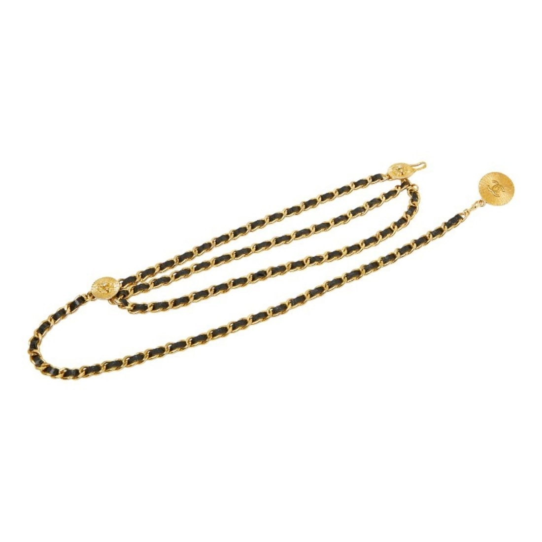 Chanel Coco Mark Lion Motif Chain Belt in Gold and Black Plated Leather for Women: --- Catalog ---Category: SizeLength: 83.5cm / 32.87''Category: DesignType: Chain beltColor: Black, GoldGender: WomenMaterial (Strap): Leather Category: GeneralBrand: Chanel--- Item List ---Section: Co