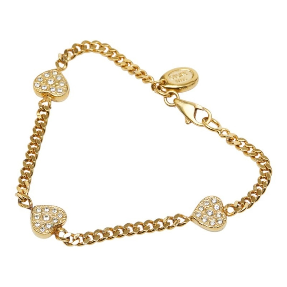 Celine Heart Rhinestone Chain Bracelet, Gold Plated, Women's: --- Catalog ---Category: SizeLength: 18cm / 7.08''Category: DesignType: Charm braceletColor: GoldGender: WomenMaterial: Gold platingCategory: GeneralBrand: Celine--- Item List ---Section: ConditionRan