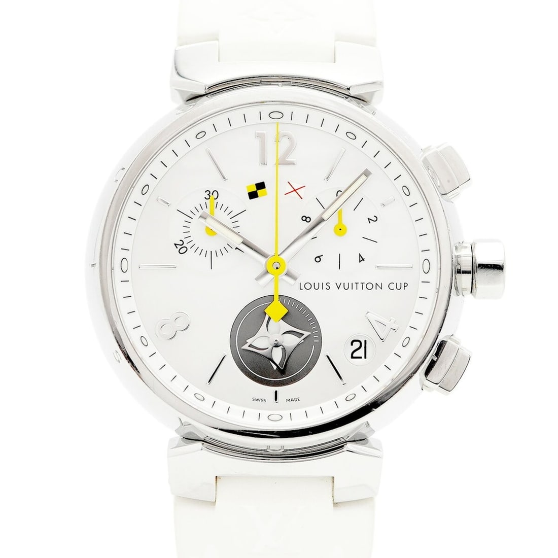Louis Vuitton Tambour Q11BA White Dial Men's Watch: --- Catalog ---Category: SizeWrist Size: 19cm / 7.48''Case Diameter: 39.3mm / 1.55''Category: DesignType: WristwatchGender: MenColor (Dial): White shellMaterial (Band): RubberCategory: GeneralMPN: Q11