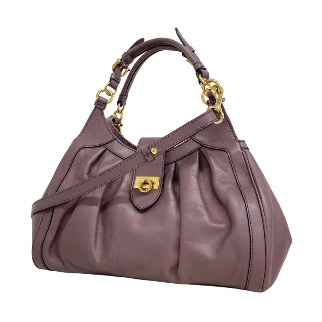 Salvatore Ferragamo Gancini Leather Handbag in Purple, 2-Way Bag for Women: --- Catalog ---Category: SizeSize (HxWxD): 17cm x 28cm x 11cm / 6.69'' x 11.02'' x 4.33''Category: DesignType: HandbagColor: PurpleGender: WomenMaterial: Leather Hardware Color: GoldCategory: GeneralB