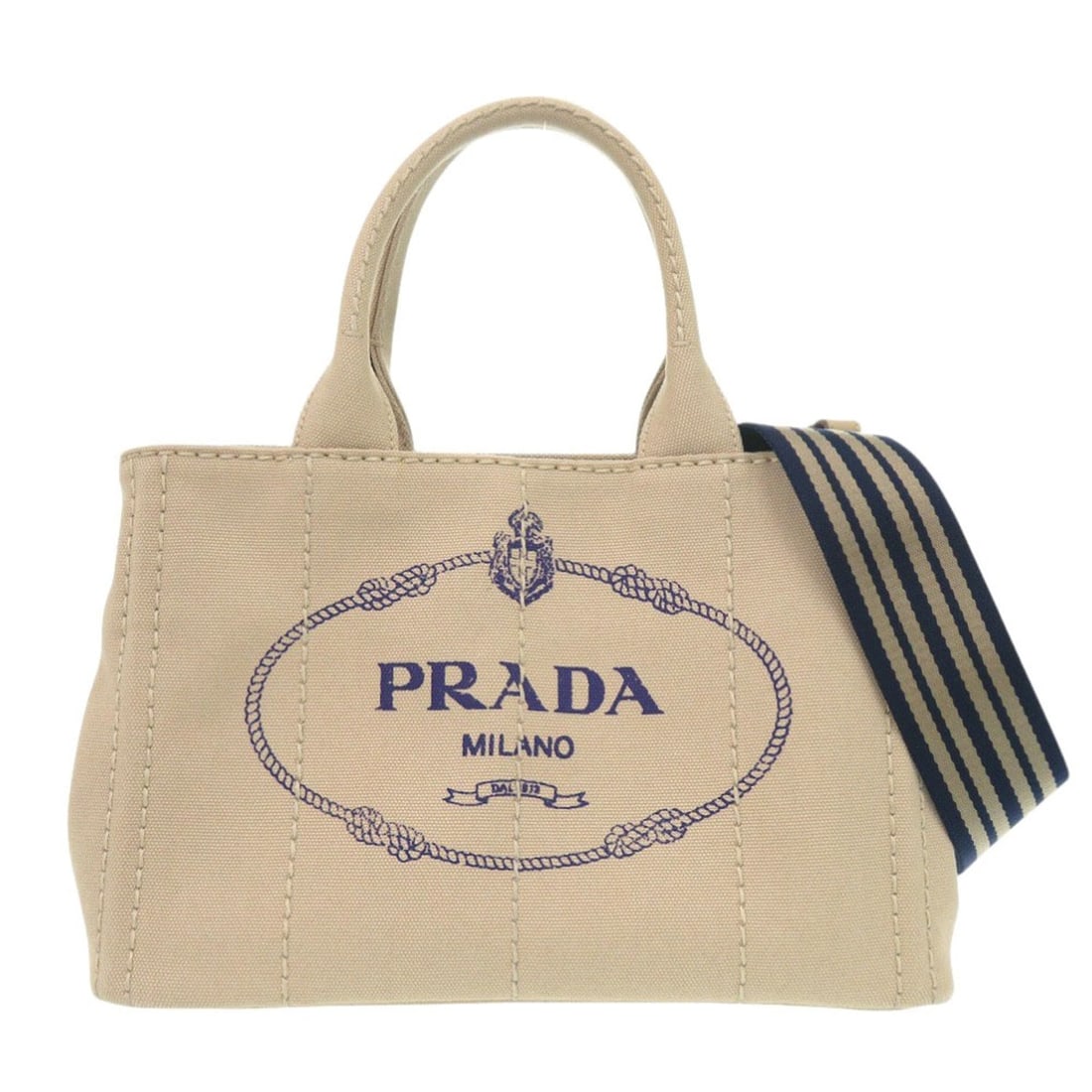 Excellent condition Prada Canapa Mini 1BG439 canvas tote bag in beige and navy (product code: 0800): --- Catalog ---Category: SizeSize (HxWxD): 19cm x 30cm x 16cm / 7.48'' x 11.81'' x 6.29''Category: DesignType: Tote bagColor: BeigeGender: WomenMaterial: Canvas Category: GeneralMPN: 1BG439Brand: Prad