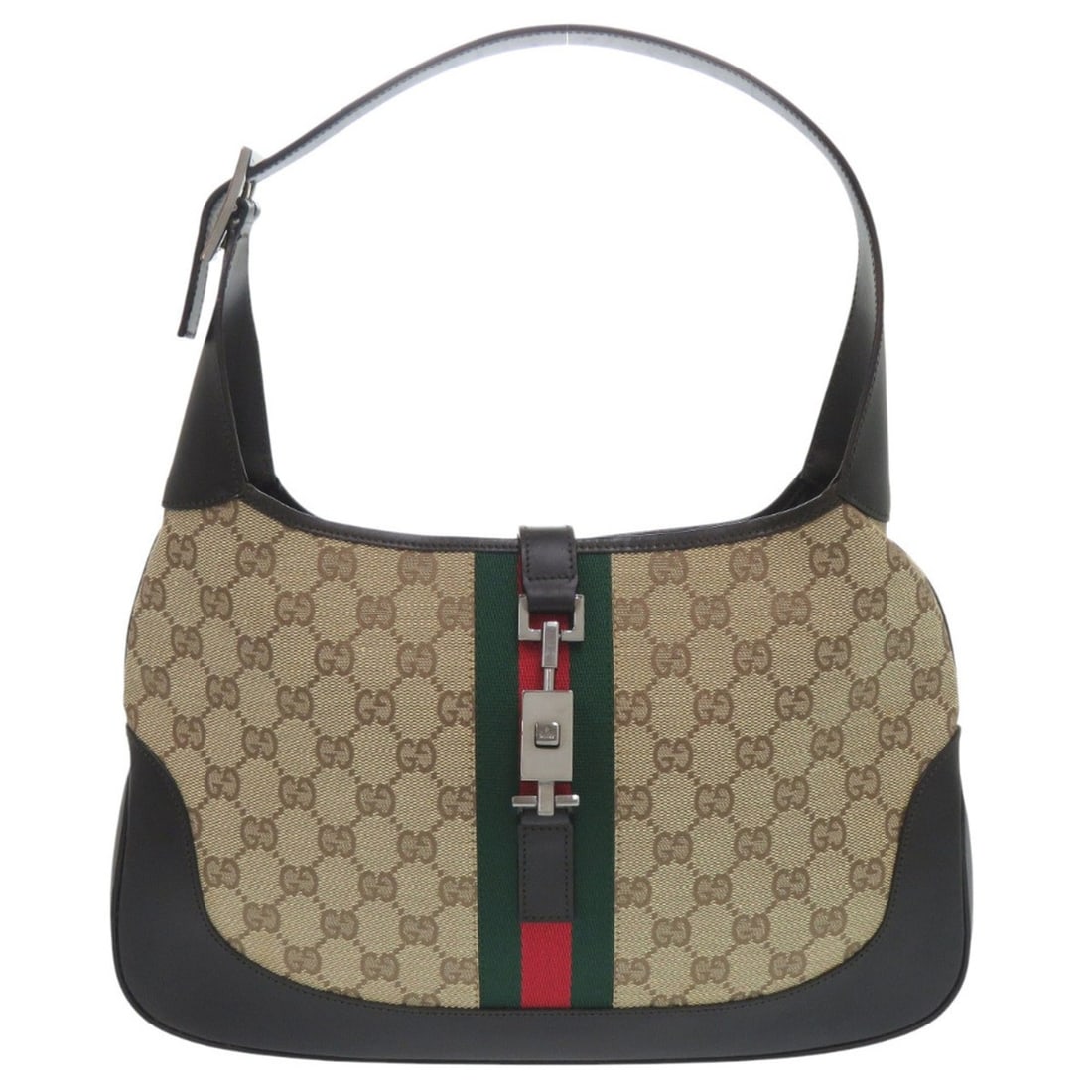 Excellent condition Gucci GG canvas Jackie Shelley one-shoulder bag 00963 in brown, beige, and black: --- Catalog ---Category: SizeSize (HxWxD): 21.5cm x 32cm x 3.5cm / 8.46'' x 12.59'' x 1.37''Category: DesignType: Shoulder bagColor: Beige, Black, BrownGender: WomenMaterial: GG canvas , Leather Categ