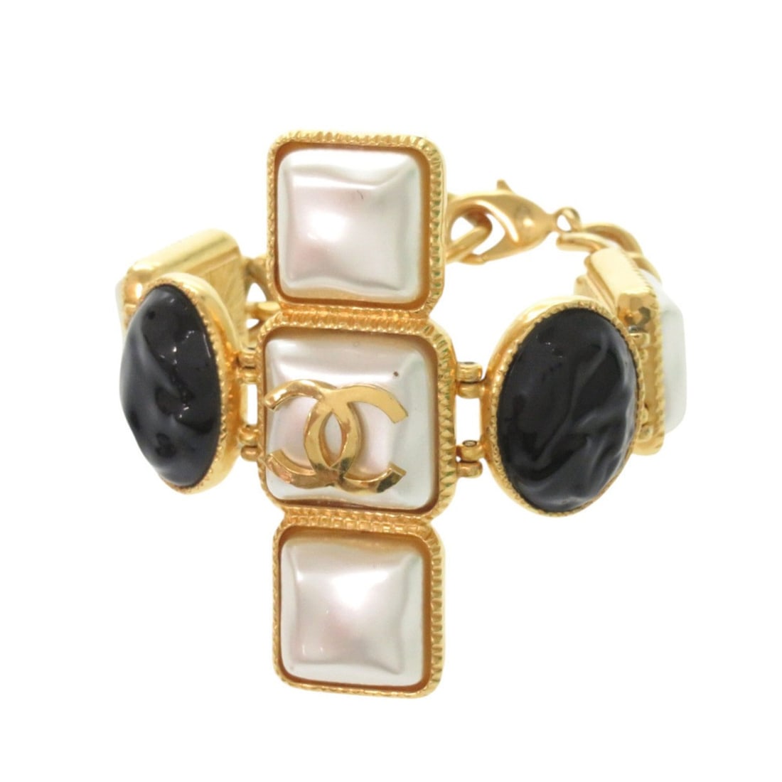 Excellent condition Chanel Gripoir Coco Mark Bracelet GP B20K with faux pearls and colored stones in: --- Catalog ---Category: DesignType: Charm braceletColor: Black, Gold, WhiteGender: WomenMaterial: Gold platingCategory: GeneralBrand: ChanelCountry of Origin: Italy--- Item List ---Section: Condition
