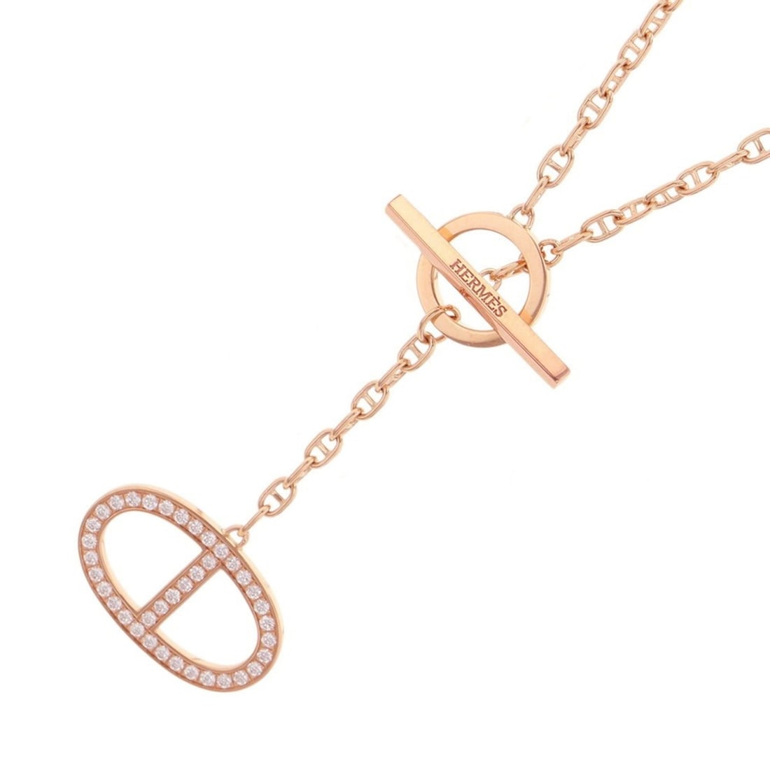 Hermes Hermès Chaine d'Ancre Contour GM Necklace, 38 diamonds totaling 0.3 carats, 18K Pink Gold,: --- Catalog ---Category: SizeWeight: 10.1g / 0.35oz.Pendant Size: 47.7mm x 19.9mm / 1.87'' x 0.78''Neck Circumference: 45 cm / 17.71''Category: DesignStone: DiamondGender: WomenMaterial: Pink gold (18