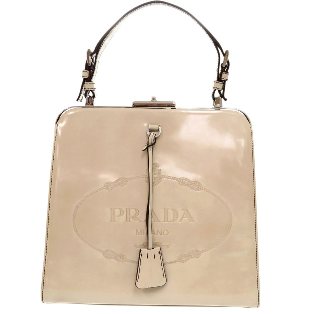 Excellent condition Prada embossed logo BN1099, patent leather ivory/beige handbag worn inside the: --- Catalog ---Category: SizeSize (HxWxD): 24cm x 26cm x 9.5cm / 9.44'' x 10.23'' x 3.74''Category: DesignType: HandbagColor: Beige, IvoryGender: WomenMaterial: Patent leather Category: GeneralMPN: BN