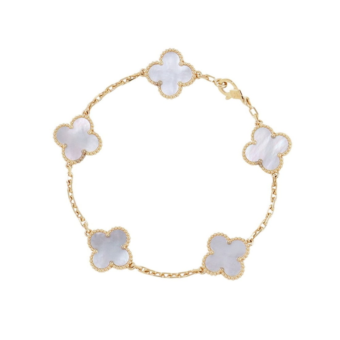 Van Cleef & Arpels Alhambra 5-Motif Bracelet in 18K Yellow Gold with Mother-of-Pearl Design: --- Catalog ---Category: SizeLength: 17.5cm / 6.88''Category: DesignType: Charm braceletGender: WomenMaterial: Yellow gold (18K)Category: GeneralBrand: Van Cleef & Arpels--- Item List ---Section: Cond