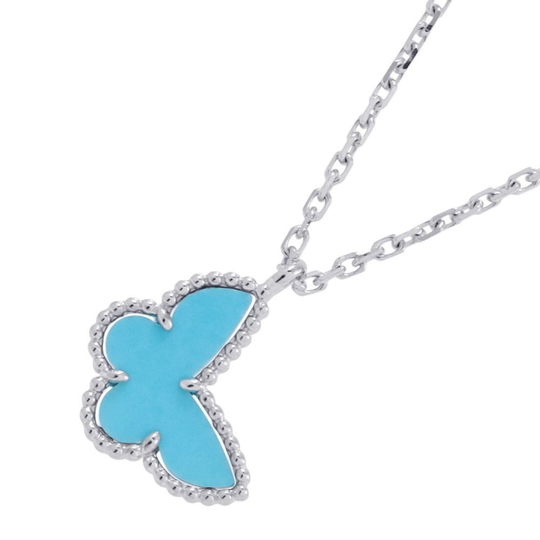 Van Cleef & Arpels Sweet Papillon Pendant Necklace in 18K White Gold with Turquoise (VCARF80500): --- Catalog ---Category: SizePendant Size: 8.1mm x 10.6mm / 0.31'' x 0.41''Neck Circumference: 43 cm - 45 cm / 16.92'' - 17.71''Category: DesignGender: Women,MenMaterial: White gold (18K)Pendant Type: