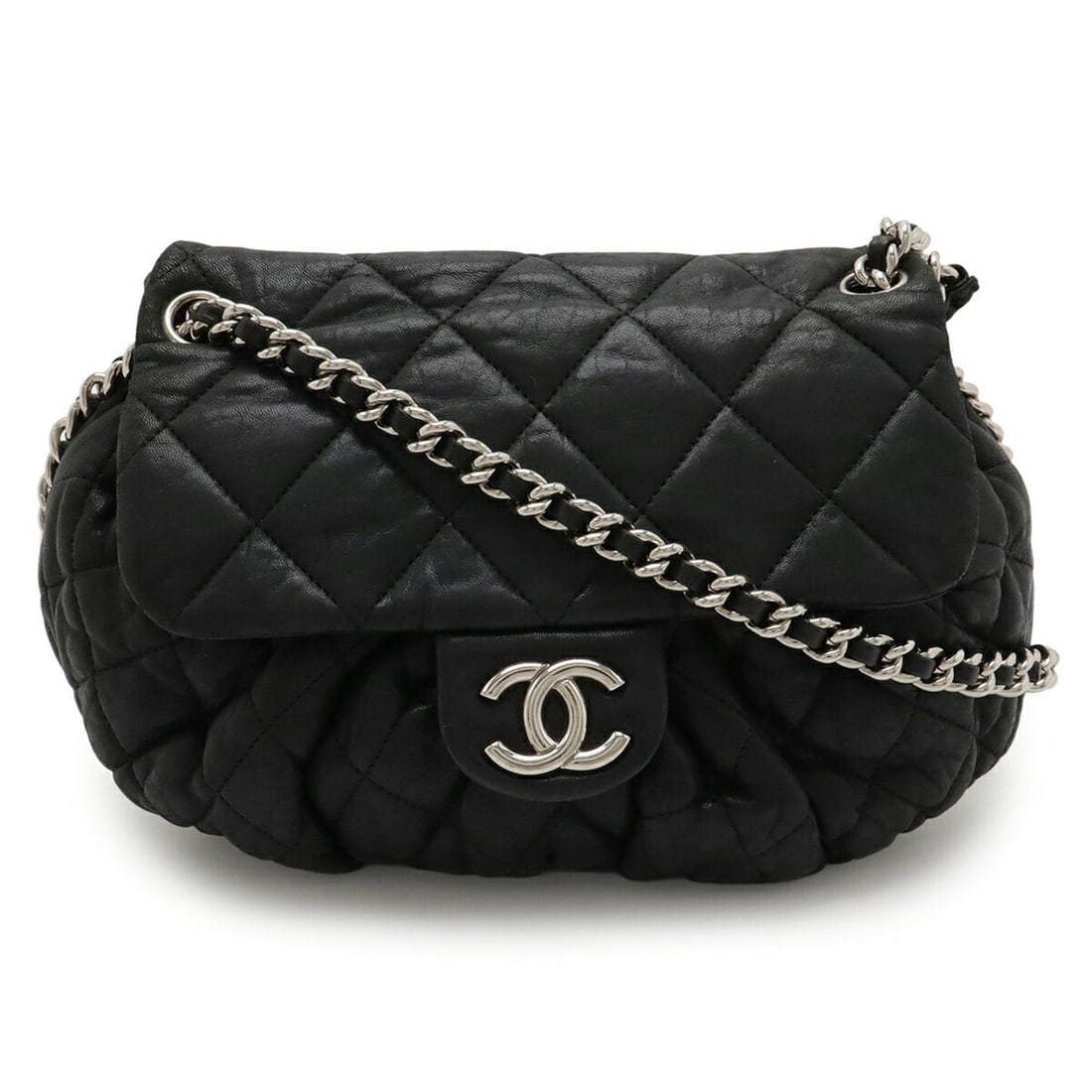 CHANEL Matelasse Chain Around Shoulder Bag in Black Lambskin Leather A49889: --- Catalog ---Category: SizeSize (HxWxD): 21cm x 30cm x 5cm / 8.26'' x 11.81'' x 1.96''Category: DesignColor: BlackGender: WomenCategory: GeneralMPN: A49889Brand: ChanelCountry of Origin: Italy--- It