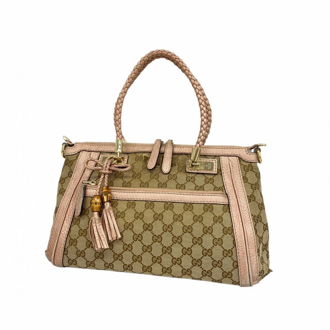 Gucci GG Canvas Bamboo Tote Bag 282300 Brown Pink Champagne Women's: --- Catalog ---Category: DesignType: Tote bagColor: Brown, PinkGender: WomenMaterial: Canvas Hardware Color: Champagne goldCategory: GeneralMPN: 282300Brand: Gucci--- Item List ---Section: ConditionRa