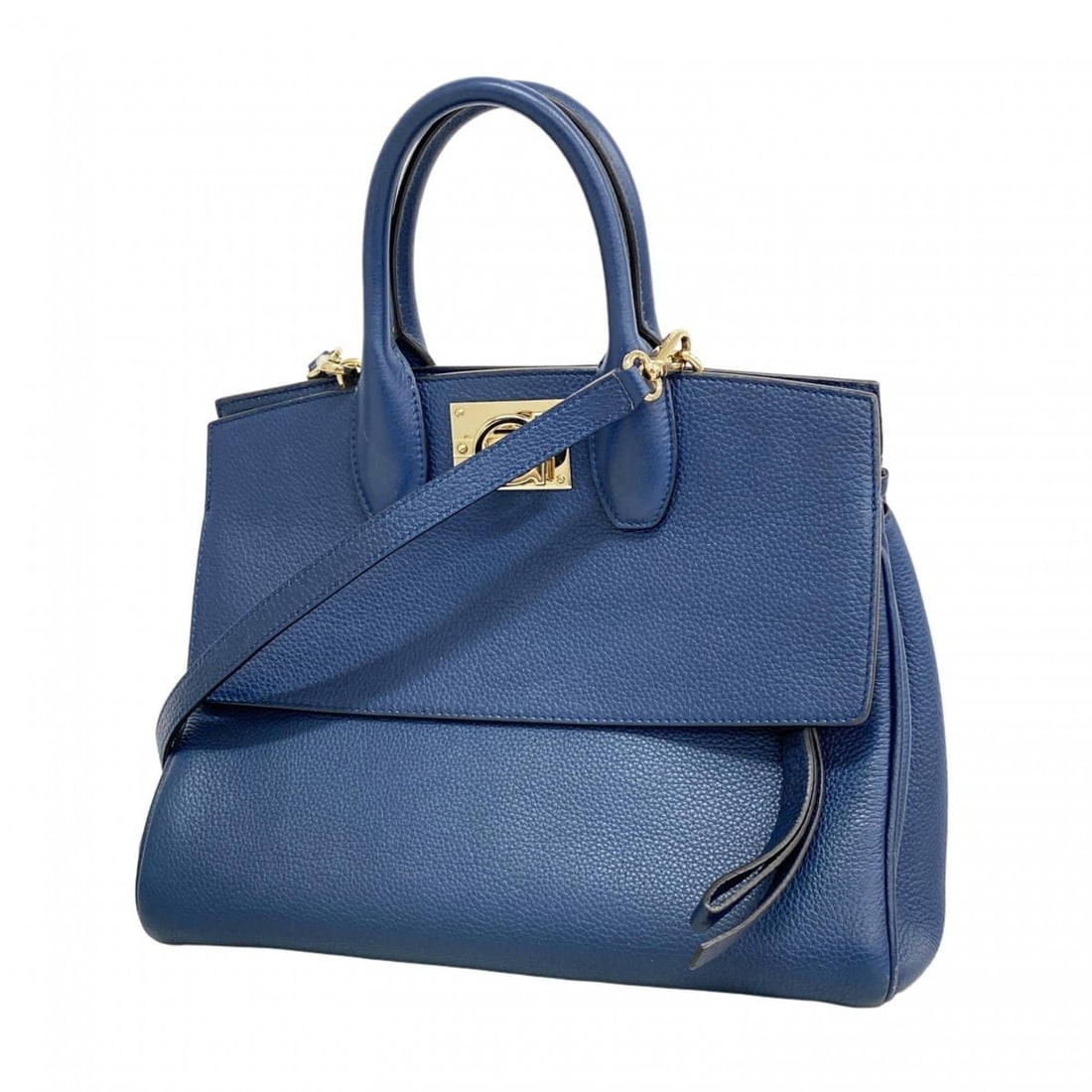 Salvatore Ferragamo Studio Bag, Leather, Navy, Champagne, 2-Way Women's: --- Catalog ---Category: SizeSize (HxWxD): 24cm x 29cm x 14cm / 9.44'' x 11.41'' x 5.51''Category: DesignType: HandbagColor: NavyGender: WomenMaterial: Leather Hardware Color: Champagne goldCategory: