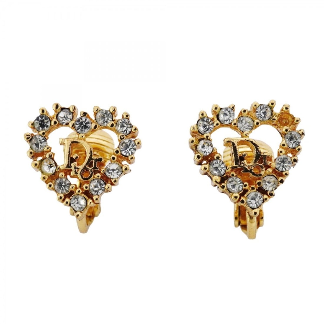 Christian Dior earrings, heart motif, GP plated, rhinestone, gold, for women. (1 of 8)