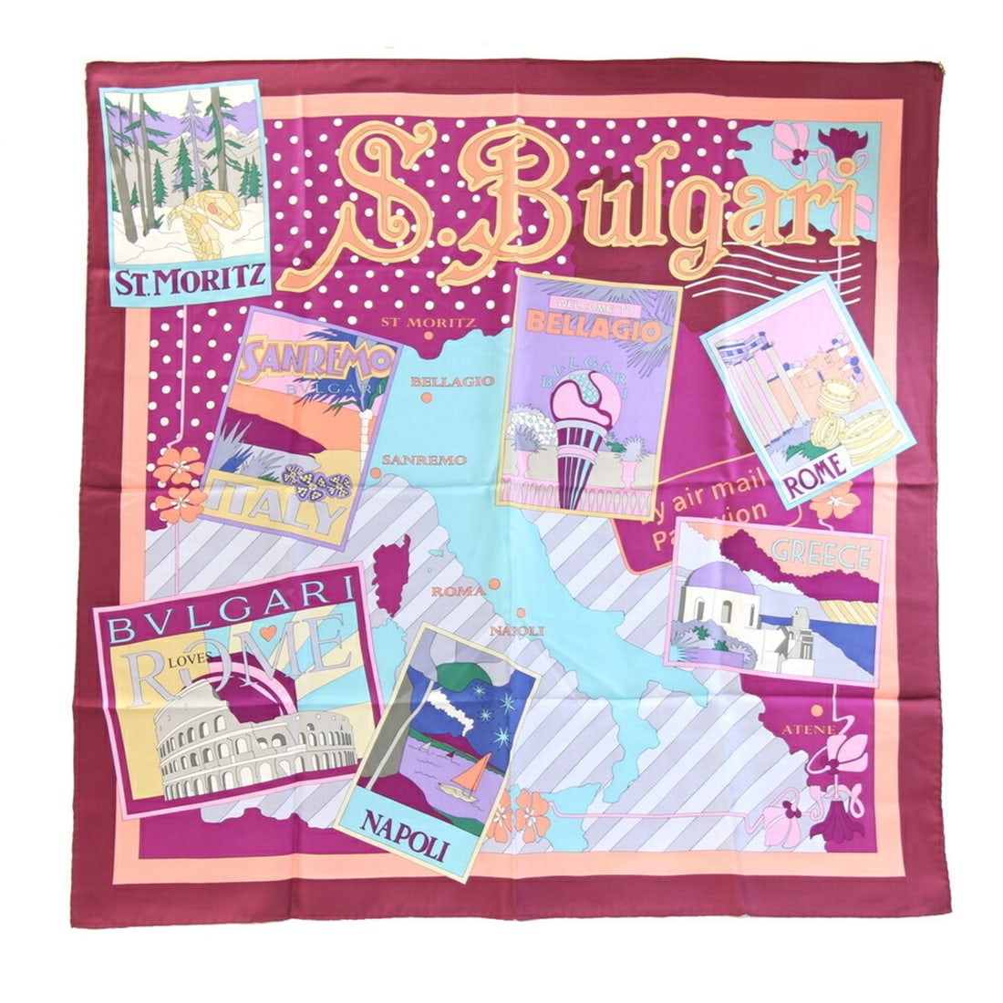 BVLGARI Scarf, Bordeaux and Purple, 100% Silk, Large Stole, Women's: --- Catalog ---Category: SizeSize (LxW): 90cm x 90cm / 35.43'' x 35.43''Category: DesignType: ScarfColor: Bordeaux, PurpleGender: WomenMaterial: Silk 100%Category: GeneralBrand: BvlgariCountry of Orig