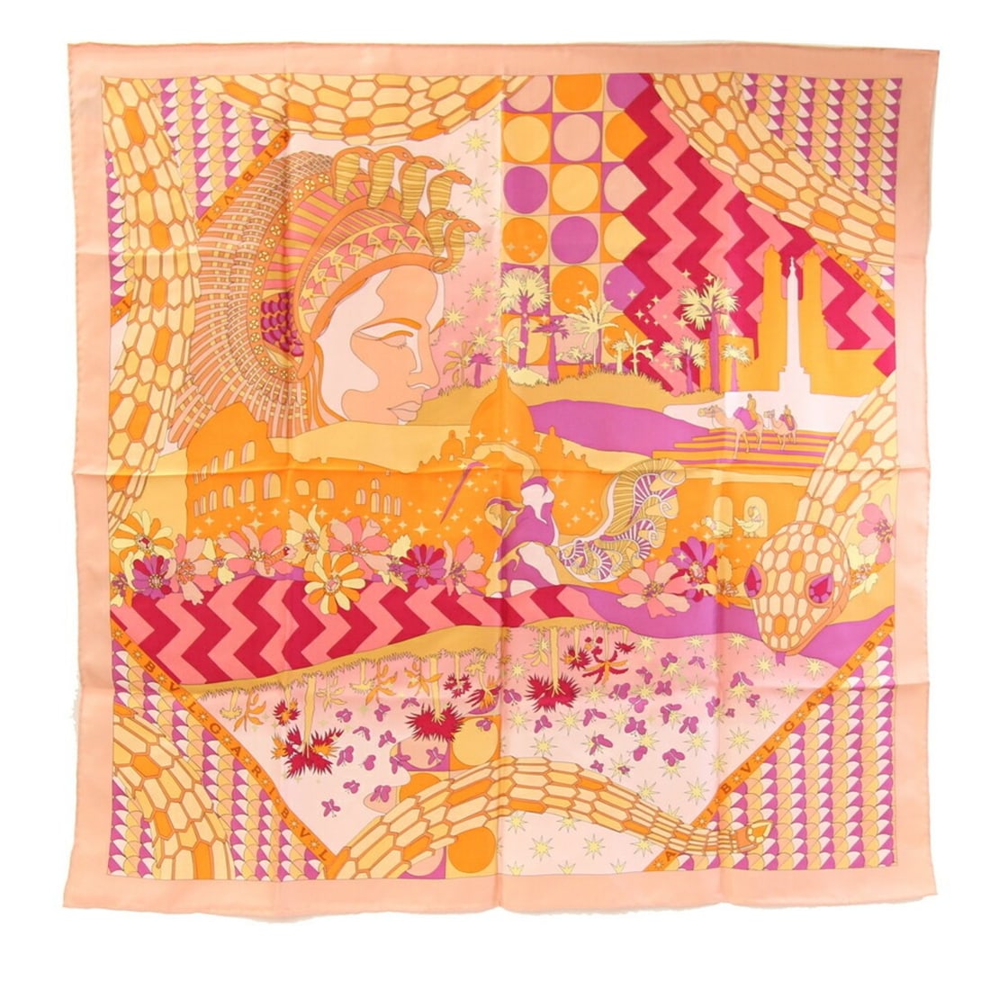 BVLGARI Scarf, Pink Beige/Orange, 100% Silk, Large Stole, Women's: --- Catalog ---Category: SizeSize (LxW): 90cm x 89cm / 35.43'' x 35.03''Category: DesignType: ScarfColor: Beige, Orange, PinkGender: WomenMaterial: Silk 100%Category: GeneralBrand: BvlgariCountry of O