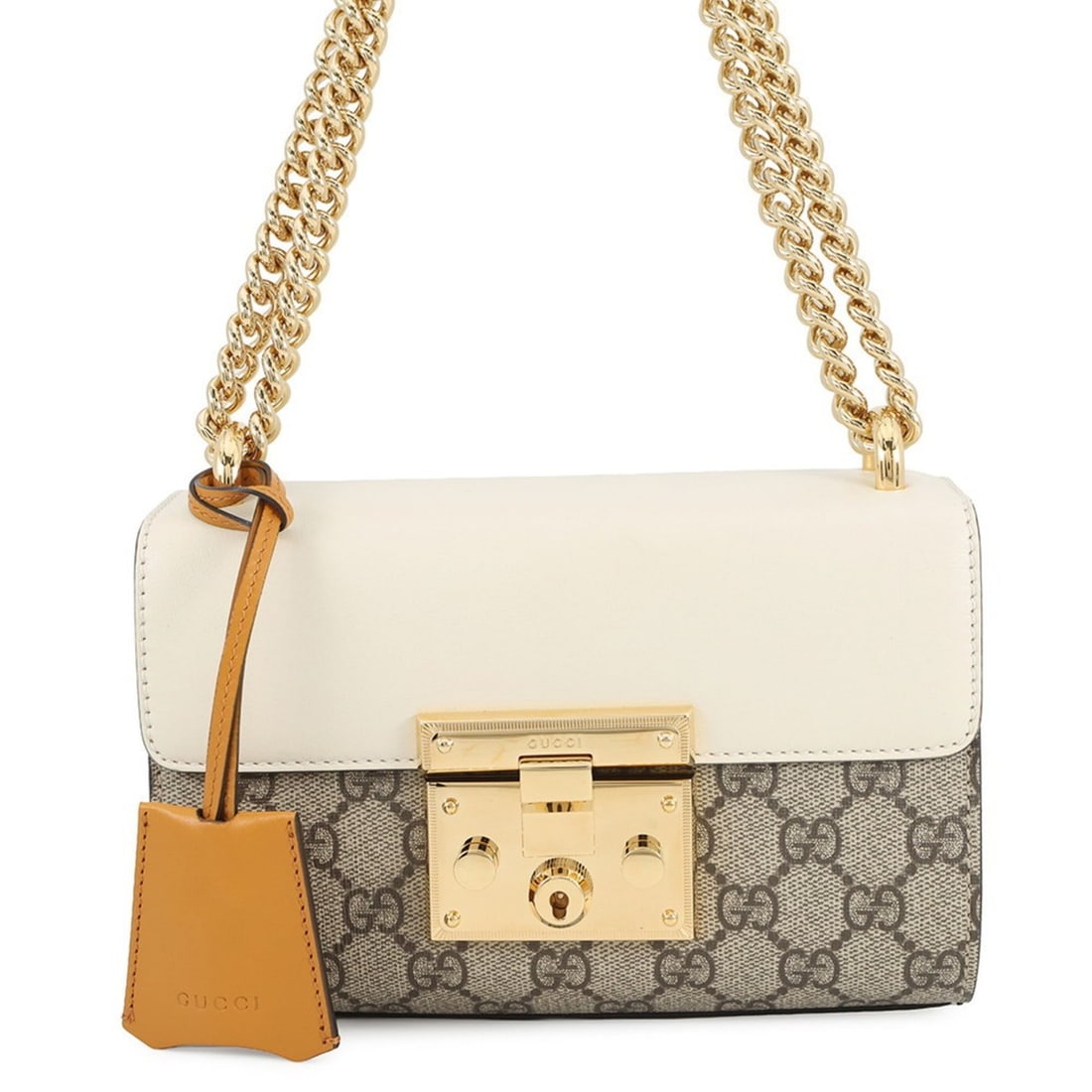 Gucci Chain Shoulder Bag GG Supreme/Leather Padlock Small 409487 Double: --- Catalog ---Category: SizeSize (HxWxD): 14cm x 20cm x 8cm / 5.51'' x 7.87'' x 3.14''Category: DesignType: Shoulder bagColor: Beige, Ivory, MustardGender: WomenMaterial: GG Supreme , Leather Categor