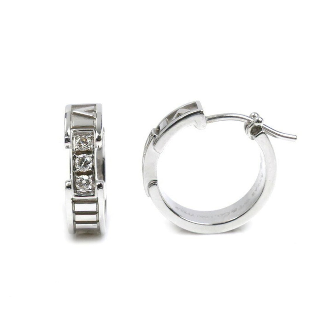 TIFFANY & Co. Tiffany 18KWG White Gold Atlas Diamond Earrings with Diamonds, 5.9g, Women's: --- Catalog ---Category: SizeSize (HxWxD): 15.30mm x 4.40mm / 0.60'' x 0.17''Category: DesignType: Hoop earringsColor: White goldGender: WomenMaterial: White gold (18K)Category: GeneralBrand: TiffanyC