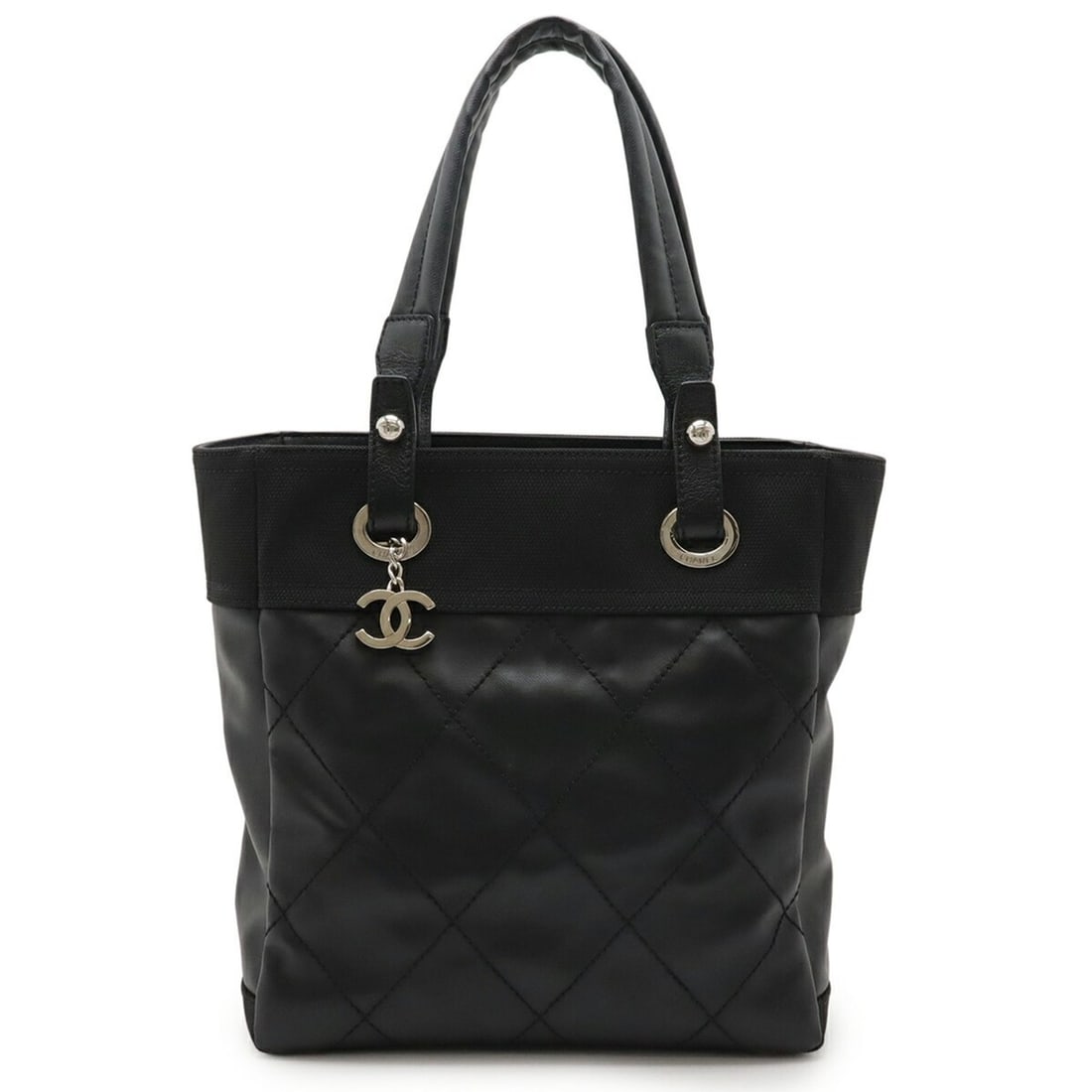 CHANEL Paris Biarritz Tote PM Bag Shoulder Coated Canvas Leather Black A34208: --- Catalog ---Category: SizeSize (HxWxD): 27.5cm x 25.5cm x 11cm / 10.82'' x 10.03'' x 4.33''Category: DesignType: Shoulder bag, Tote bagColor: BlackGender: WomenMaterial: Coated canvas , Leather Cat
