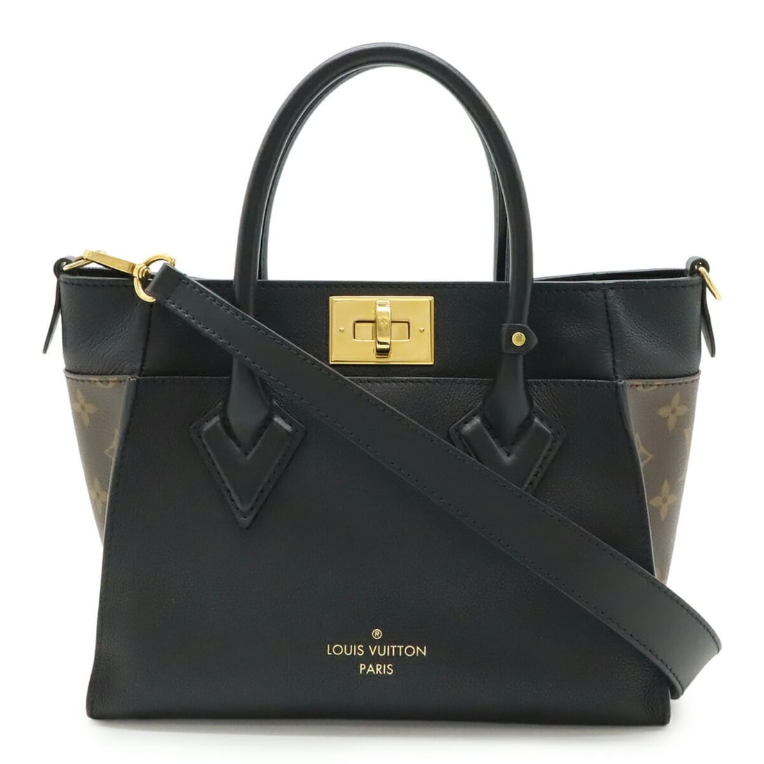 LOUIS VUITTON Monogram On My Side PM Handbag/Shoulder Bag in Black Leather (Noir) M57728: --- Catalog ---Category: SizeSize (HxWxD): 19cm x 25cm x 12cm / 7.48'' x 9.84'' x 4.72''Strap Length: 104cm / 40.94''Category: DesignType: Handbag, Shoulder bagColor: Black, NoirGender: WomenMaterial: