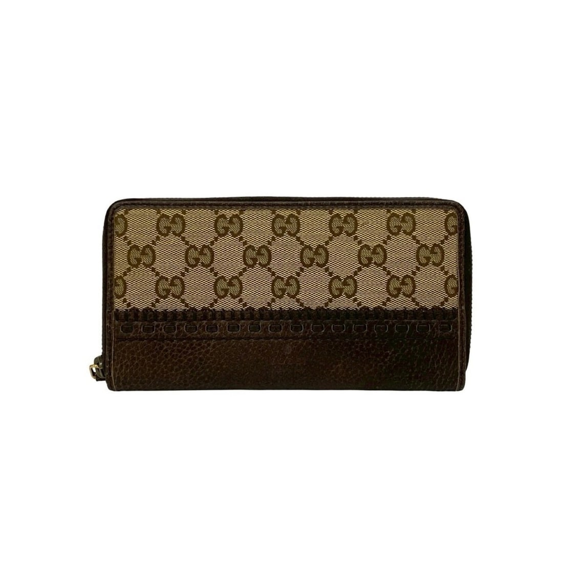 GUCCI GG logo canvas and leather round-zip long wallet in brown (1606c): --- Catalog ---Category: SizeSize (HxWxD): 10cm x 18.5cm x 2cm / 3.93'' x 7.28'' x 0.78''Category: DesignType: Long wallet (bi-fold)Color: BrownGender: WomenMaterial: Canvas , Leather Category: Genera