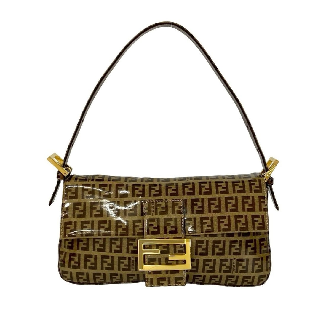 FENDI Mamma Bucket Zucchino FF Logo Print Patent Leather Handbag/Shoulder Bag Brown 40441: --- Catalog ---Category: SizeSize (HxWxD): 14cm x 26cm x 4cm / 5.51'' x 10.23'' x 1.57''Category: DesignType: Handbag, Shoulder bagColor: BrownGender: WomenMaterial: PVC , Leather Category: GeneralBra