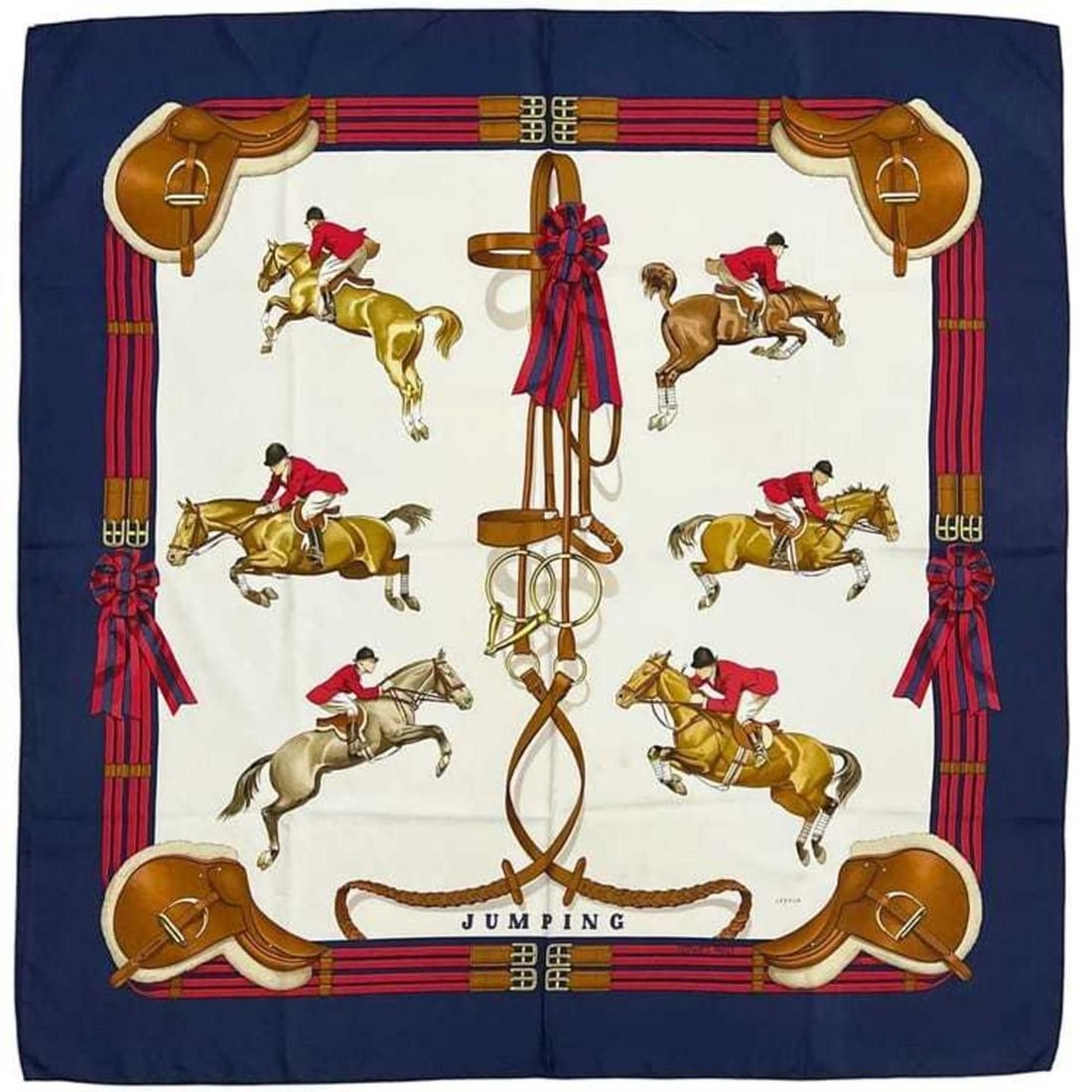 Hermes Hermès Scarf/Muffler, Carré 90, ec-24761, White/Navy, LUDEOUX JUMPING, 100% Silk, Large,: --- Catalog ---Category: SizeSize (LxW): 89.5cm x 88cm / 35.23'' x 34.64''Category: DesignType: ScarfColor: Navy, WhiteGender: Men,WomenMaterial: Silk 100%Category: GeneralBrand: Hermes--- Item List -