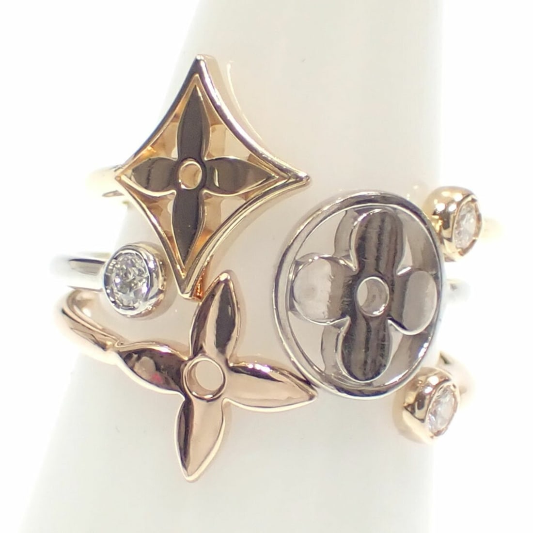 Louis Vuitton Monogram Idylle Ring for Women, Diamond, K18YG/PG/WG, Size 9, 5.4g, Set of 3, 18K 750: --- Catalog ---Category: PackNumber in Pack: 3Category: SizeUS Size: 5Brand Size: 49Category: DesignType: Band ringColor: Pink gold, White gold, Yellow goldStone: DiamondGender: WomenMaterial: Pink go