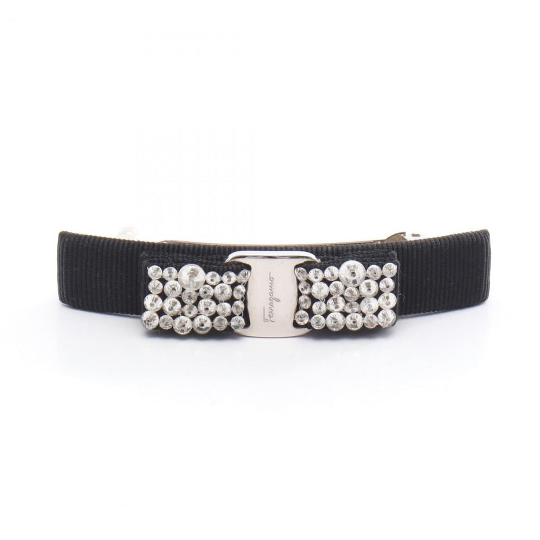 Salvatore Ferragamo Vara Ribbon, Clothing Fabric, Rhinestones, Women's, Black, Clear: --- Catalog ---Category: SizeSize (LxW): 1.6cm x 9.5cm / 0.62'' x 3.74''Category: DesignType: BarretteColor: Black, ClearGender: WomenMaterial: RhinestoneCategory: GeneralBrand: Salvatore Ferragamo---