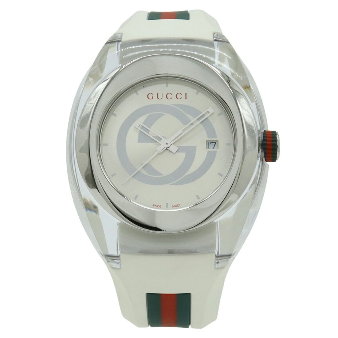 GUCCI Sync Interlocking G Shelly Silver Dial Stainless Steel Rubber Men's Quartz Watch 137.1: --- Catalog ---Category: SizeWrist Size: 16cm - 20.5cm / 6.29'' - 8.07''Case Diameter: 46mm / 1.81''Category: DesignType: WristwatchGender: MenColor (Dial): SilverMaterial (Band): RubberMaterial (Case