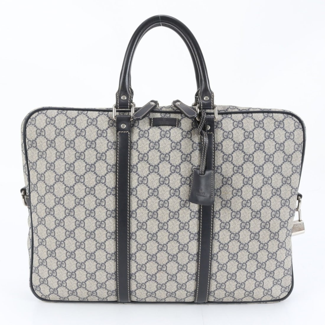 Gucci GG Supreme 201480 Leather Briefcase Bag Navy Men's: --- Catalog ---Category: SizeSize (HxWxD): 30cm x 41cm x 5cm / 11.81'' x 16.14'' x 1.96''Category: DesignType: BriefcaseColor: Beige, NavyGender: MenMaterial: Leather , Coated canvas Category: General