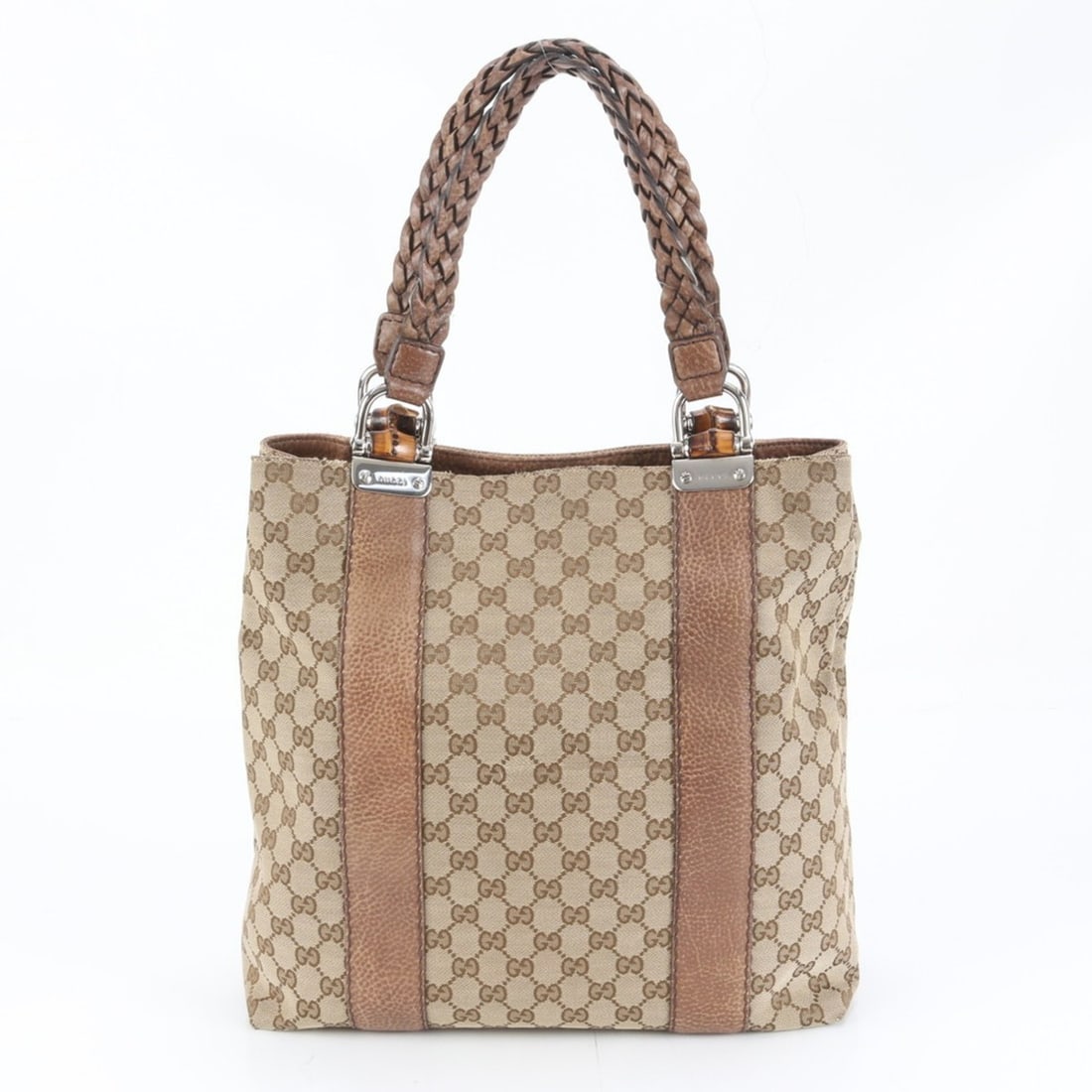 Gucci GG Canvas Bamboo Leather Tote Bag/Shoulder Bag (232946) for Men: --- Catalog ---Category: SizeSize (HxWxD): 33cm x 34cm x 14cm / 12.99'' x 13.38'' x 5.51''Category: DesignType: Shoulder bag, Tote bagColor: BrownGender: MenMaterial: Leather , Canvas Category: Genera