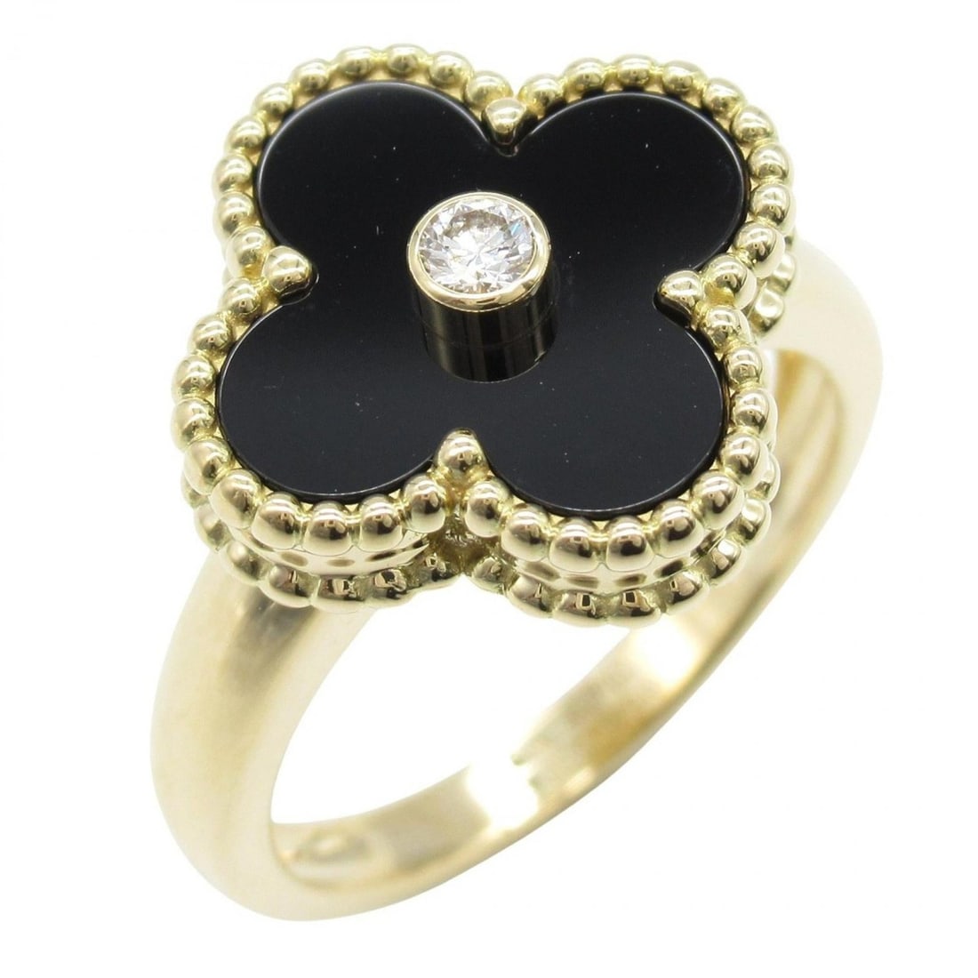 Van Cleef & Arpels Vintage Alhambra Ring, Onyx, 1 Diamond, 18K Yellow Gold, Women's, Black, Clear,: --- Catalog ---Category: SizeUS Size: 6.5Brand Size: 53Category: DesignType: Band ringColor: Yellow goldStone: Diamond, OnyxGender: WomenMaterial: Yellow gold (18K)Stone Color: Black, ClearCategory: G
