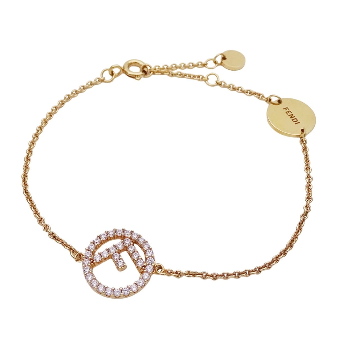 Fendi Women's Bracelet with Rhinestones, Gold, Box Included: --- Catalog ---Category: SizeLength: 16.5cm - 19.5cm / 6.49'' - 7.67''Category: DesignType: Charm braceletColor: GoldStone: RhinestoneGender: WomenMaterial: MetalCategory: GeneralBrand: FendiCountry o