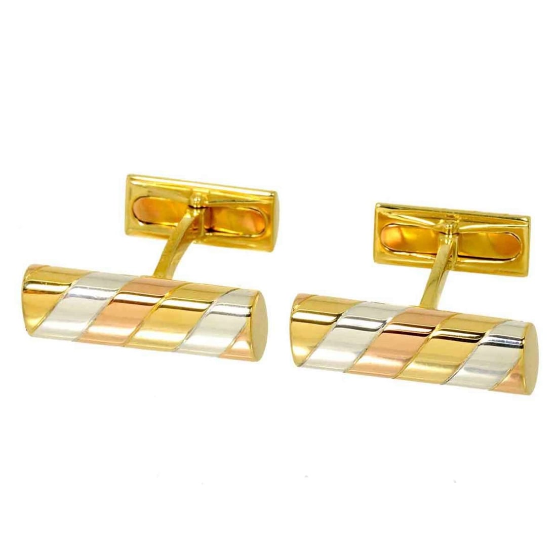 Van Cleef & Arpels Cufflinks in 18K Yellow Gold, White and PG, 3 Colors, 750: --- Catalog ---Category: SizeSize (HxWxD): 8.10mm x 23.80mm / 0.32'' x 0.94''Category: DesignType: CufflinksGender: MenMaterial: Pink gold (18K), White gold (18K), Yellow gold (18K)Category: GeneralBr