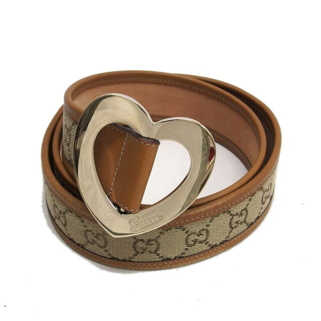 Gucci GG Canvas Heart Buckle Belt Holeless 211551: --- Catalog ---Category: SizeLength: 98cm / 38.58''Category: DesignType: Standard beltColor: Beige, Light brownGender: WomenMaterial (Strap): Canvas , Leather Category: GeneralMPN: 211551Brand: Gucci-