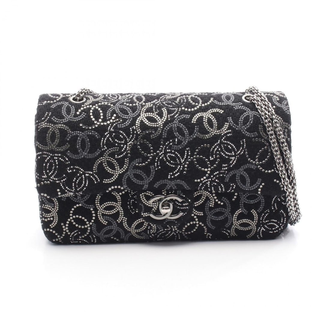 Chanel Coco Mark W-Flap Shoulder Bag, Wool with Rhinestones, Women's, Black and Clear: --- Catalog ---Category: SizeSize (HxWxD): 16cm x 25cm x 6.5cm / 6.29'' x 9.84'' x 2.55''Category: DesignType: Shoulder bagColor: Black, ClearGender: WomenMaterial: Wool Hardware Color: SilverCategory