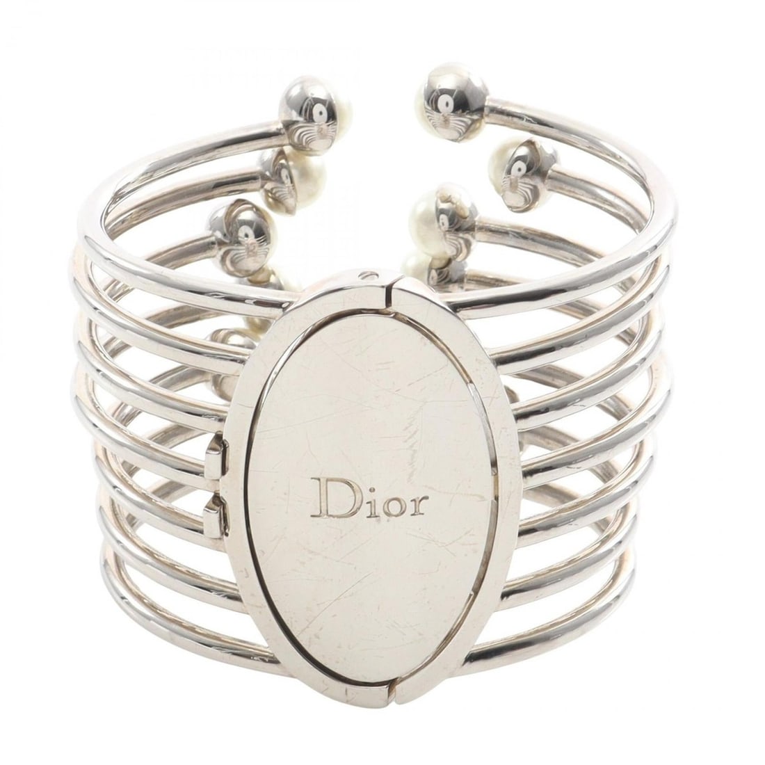 Christian Dior Dior bangle accessory in stainless steel with faux pearls for women, available silver: --- Catalog ---Category: SizeLength: 15cm / 5.9''Category: DesignType: BangleColor: Silver, WhiteGender: WomenMaterial: Stainless steelCategory: GeneralBrand: Christian Dior--- Item List ---Section: C