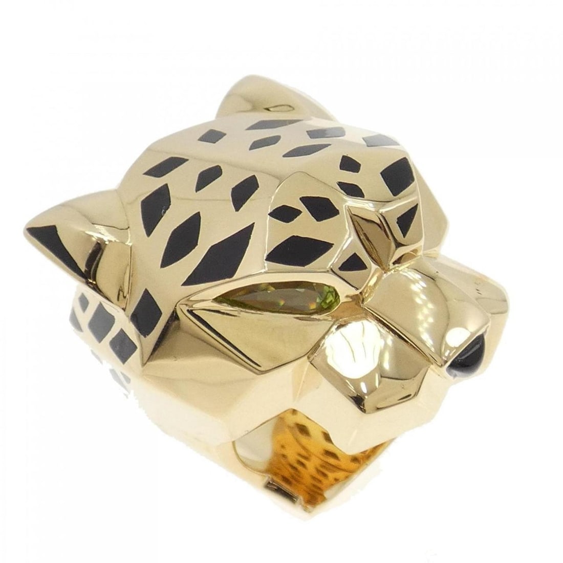 Cartier Panthere Ring: --- Catalog ---Category: SizeUS Size: 6.5Brand Size: 52Category: DesignType: Band ringColor: Yellow goldStone: Onyx, PeridotGender: WomenMaterial: Yellow gold (18K)Category: GeneralBrand: Cartier--- I