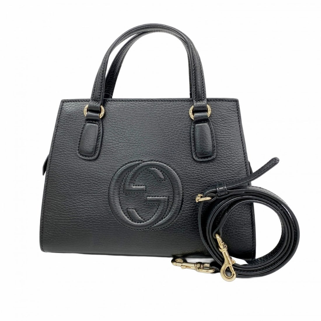 Gucci Interlocking G Handbag 607722 Leather Black Champagne 2-Way Bag for Women: --- Catalog ---Category: SizeSize (HxWxD): 20cm x 26cm x 12cm / 7.87'' x 10.23'' x 4.72''Category: DesignType: HandbagColor: BlackGender: WomenMaterial: Leather Hardware Color: Champagne goldCategory: