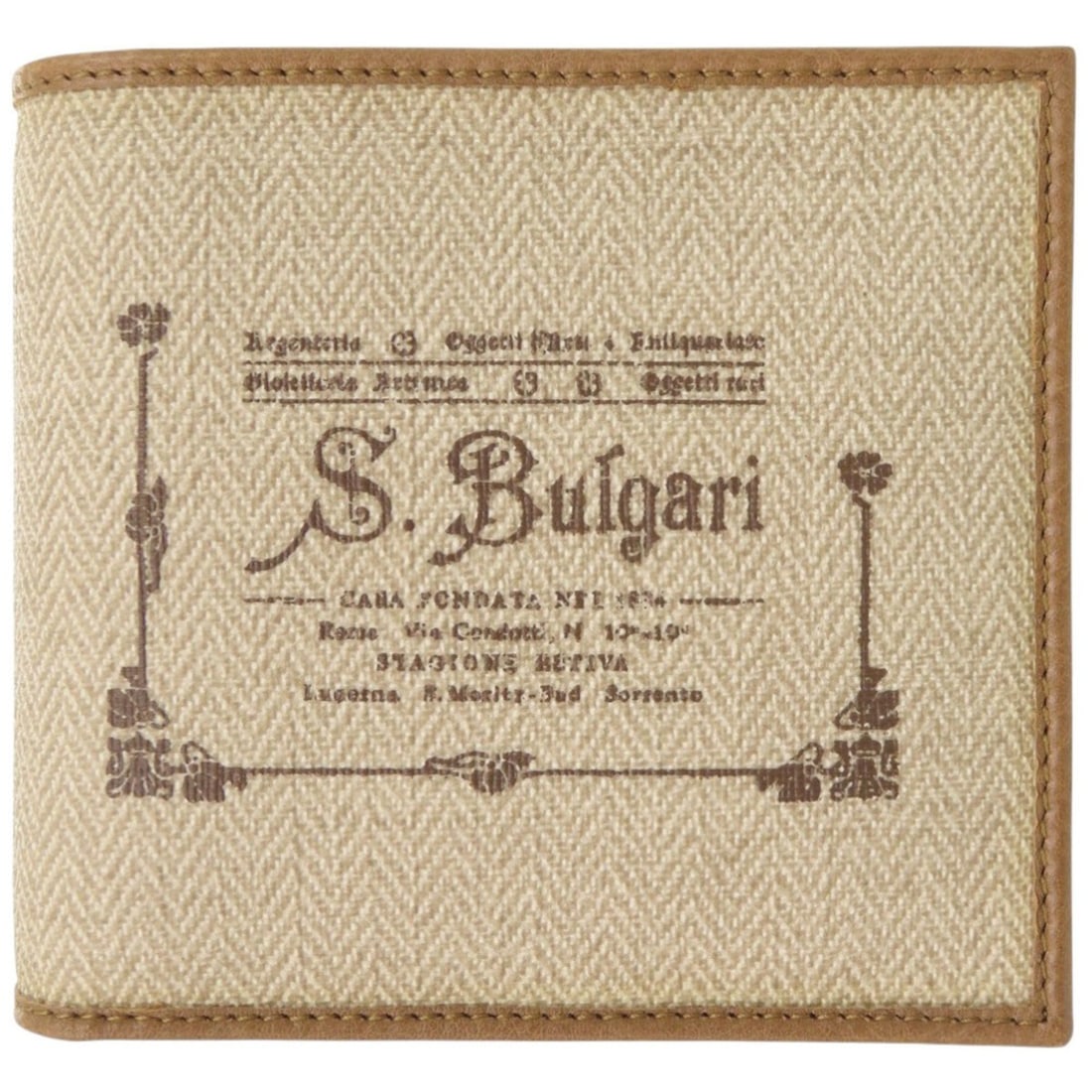 Unused Bvlgari COLLEZIONE1910 canvas and calf leather beige bifold wallet 1439: --- Catalog ---Category: SizeSize (HxWxD): 10cm x 11cm x 2cm / 3.93'' x 4.33'' x 0.78''Category: DesignType: Wallet (bi-fold)Color: Beige, BrownGender: MenMaterial: Canvas , Leather Category: GeneralB