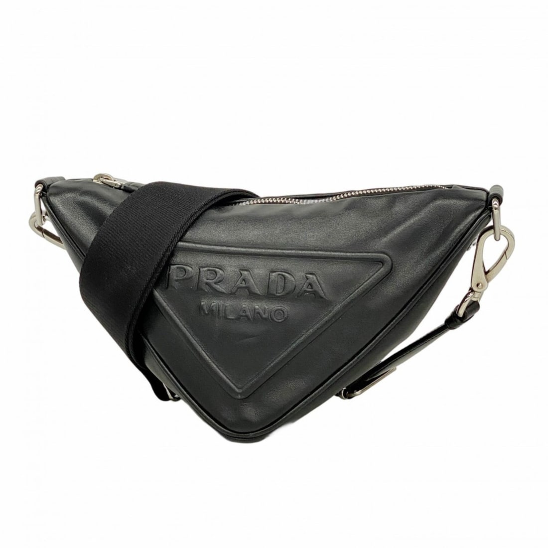 Prada Triangle Leather Shoulder Bag, Black, Women's: --- Catalog ---Category: SizeSize (HxWxD): 14cm x 24cm x 10cm / 5.51'' x 9.44'' x 3.93''Category: DesignType: Shoulder bagColor: BlackGender: WomenMaterial: Leather Hardware Color: SilverCategory: Gen